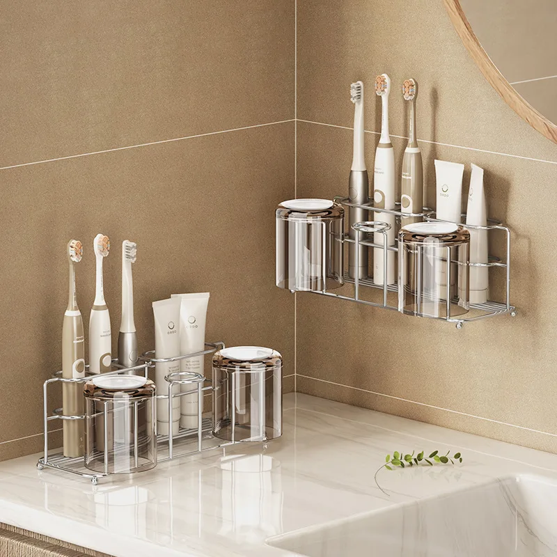 Stainless Steel Toothbrush Storage No Drilling Bathroom Wall Mounted Toothpaste Rack Wall Mounted Mouthwash Cup Storage Rack