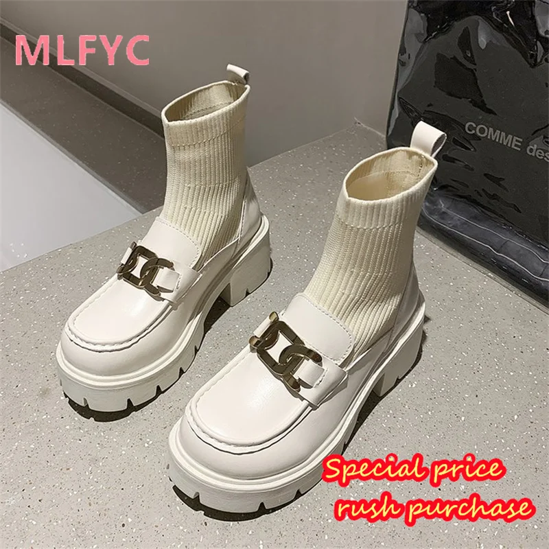 Thick Sole Small Leather Shoes for Women's Boots 2023 New Lefu Footwear Boots Autumn and Winter Single Shoe Socks Elastic Boots