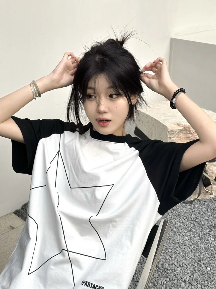 

Deeptown Harajuku Star Short Sleeve Tshirts Women Korean Style Hippie Oversize T Shirts Patchwork Summer Tops American Vintage