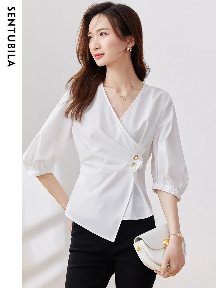 SENTUBILA Elegant Chic Woman Blouse 2024 Summer Short Sleeve Ruched V Neck Shirt Fashion Slim Top Ladies Korean Style 132C49059 htzmo fashion tight skirt drawstring ruched double layers elastic bag hip split pencil skirt ladies chic skrit party club outfit