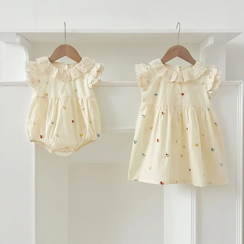 Cute Girls Summer Dresses Lace Collar Baby Bodysuits