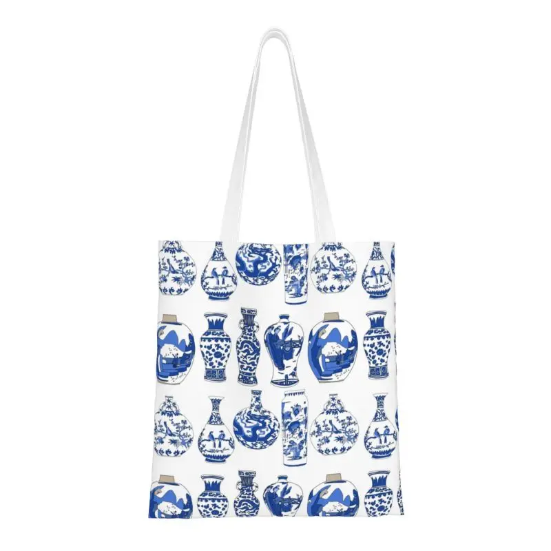 

Recycling Blue Oriental Vases Shopping Bag Women Shoulder Canvas Tote Bag Durable Chinoiserie Porcelain Grocery Shopper Bags