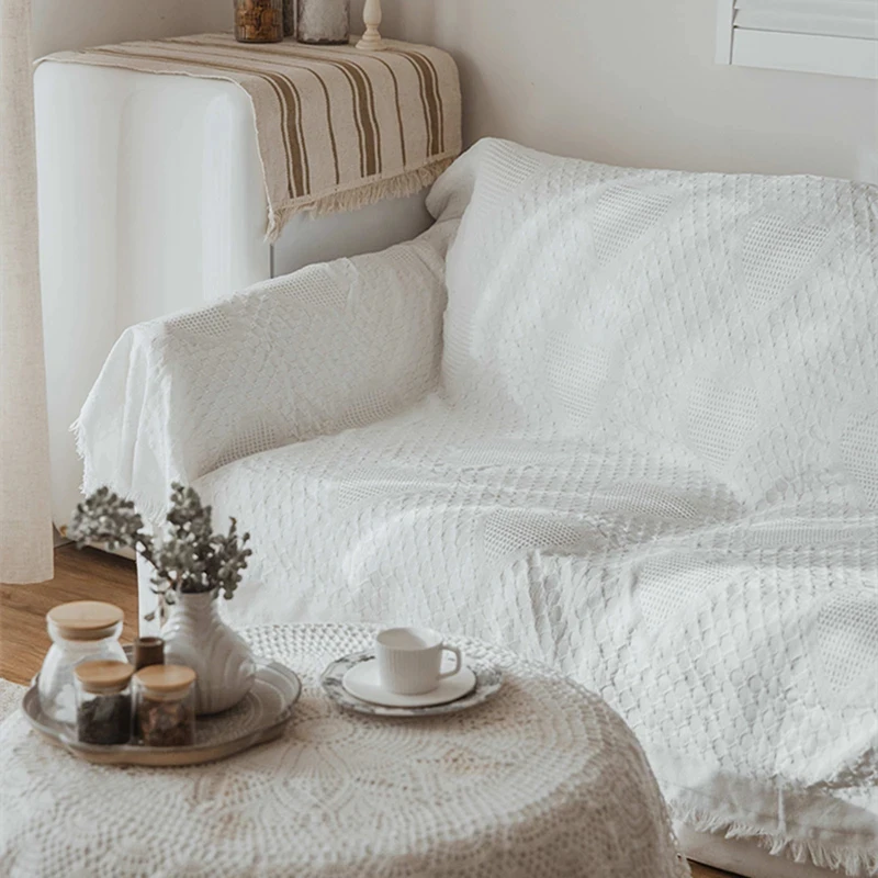 Cutelife White Grid Cotton Knitted Throw Blanket Double-Sided