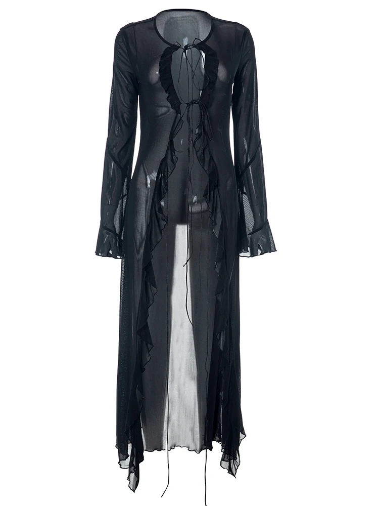 Cárdigan largo de malla para mujer, de verano, liso, con cuello bajo, manga larga y volantes, sexy, transparente, tendencia