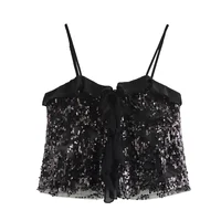 Zevity 2024 Women Chic Pleat Ruffles Sequined Design Chiffon Sling Camis Tank Lady Backless Short Crop Shirt Blouse Tops LS7195 - Image 3