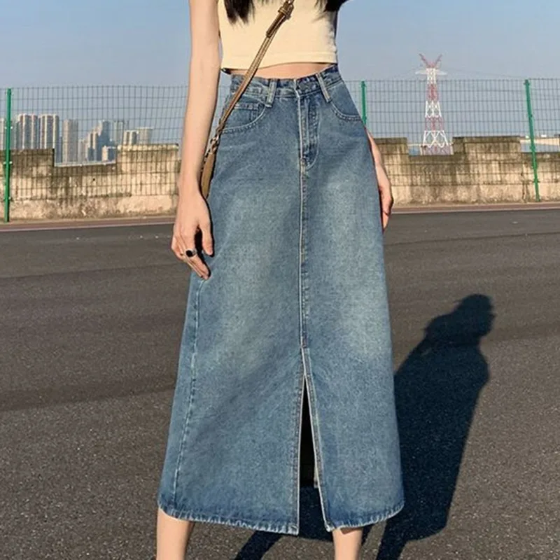 

Spring Long Denim Skirt Vintage Women Solid High Waist A-LINE Slim Korean Style Jean Slit Midi Skirt Summer Fashion Girl