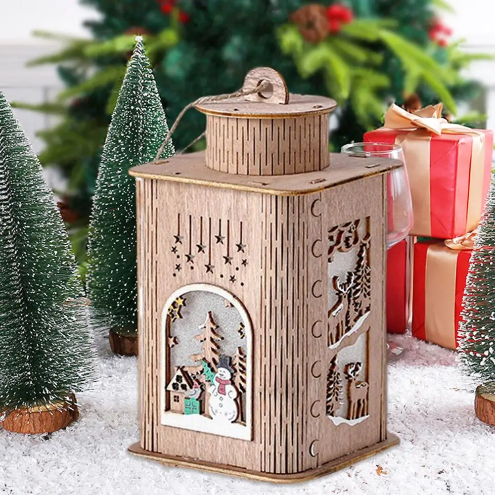 

Christmas Tree Ornament Wooden Style Lantern Festive Wooden Wind Lantern Lamp Battery Operated Warm Light for Christmas Holiday