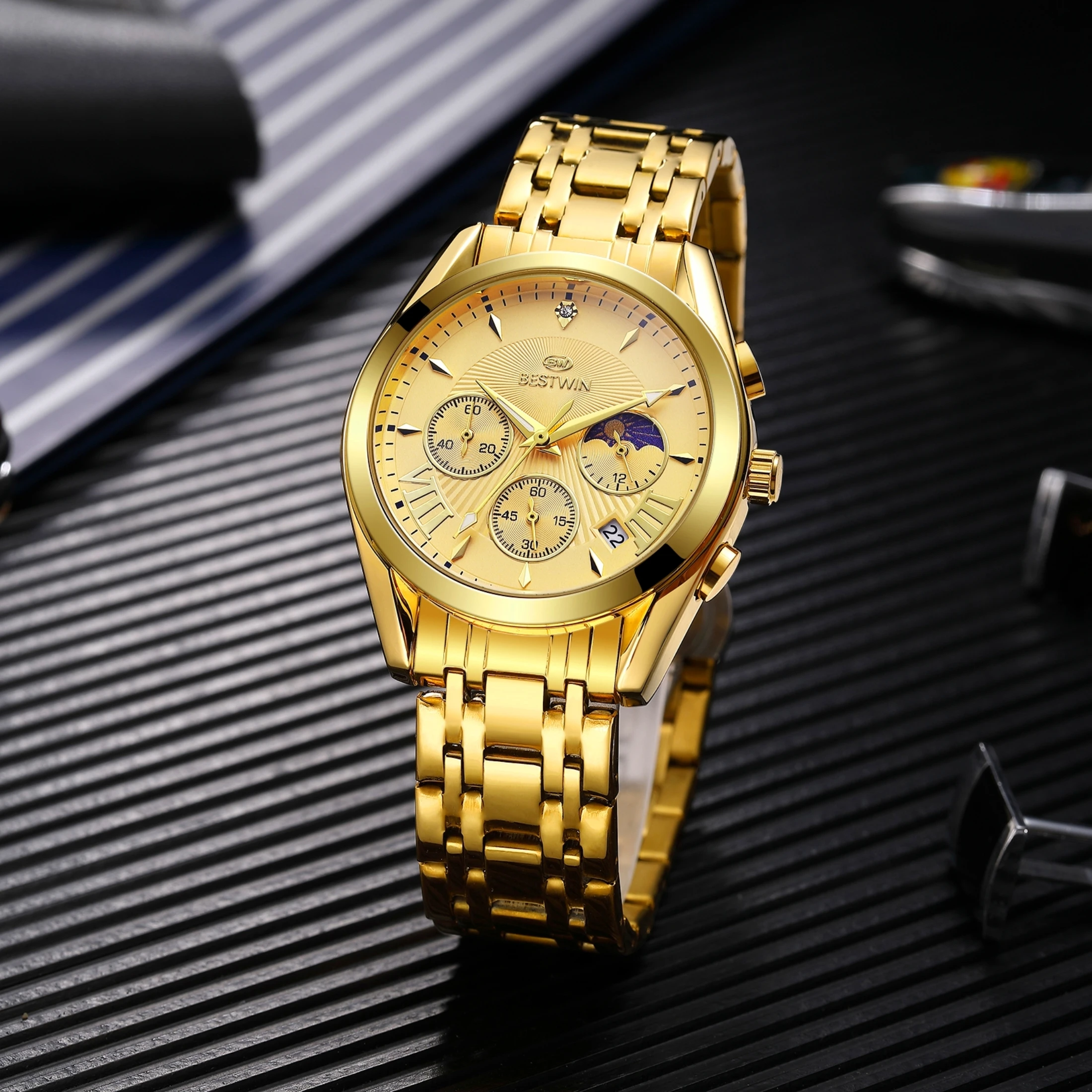 Luxury men's watch all stainless steel strap Reloj with calendar men's quartz watch business men's black gold time clock 2023