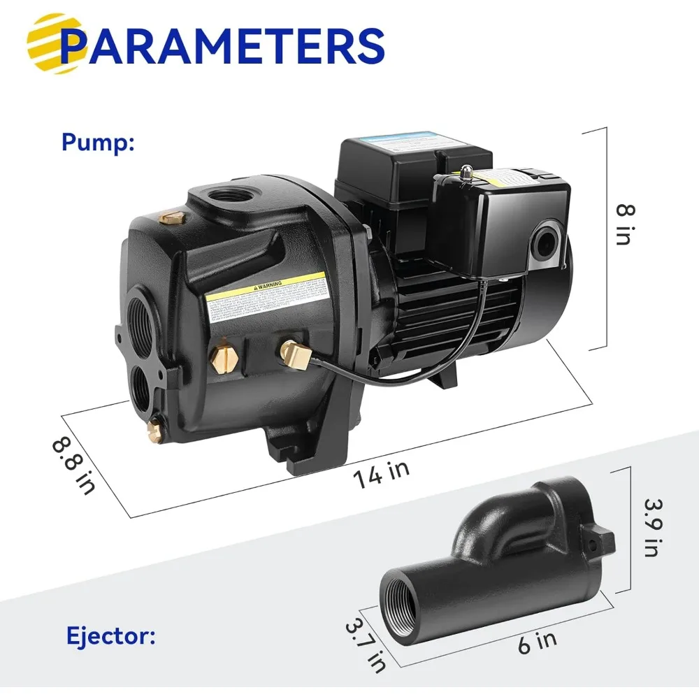 Cast Iron 1HP Jet Pump for Shallow and Deep Wells, Convertible with Ejector Kit, Suitable for Wells up to 25ft or 90ft, 115V/230