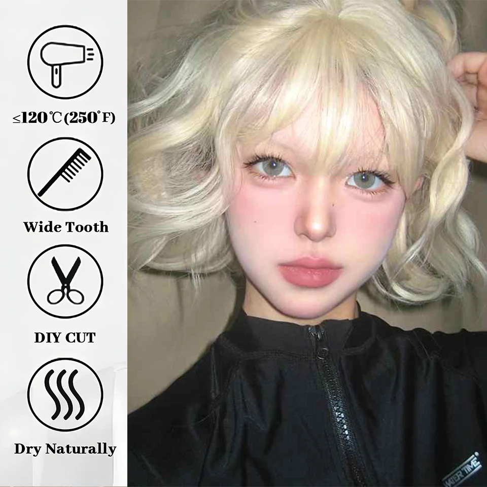 Blonde Curly Bob Synthetic Wig for Women Daily Party Cosplay