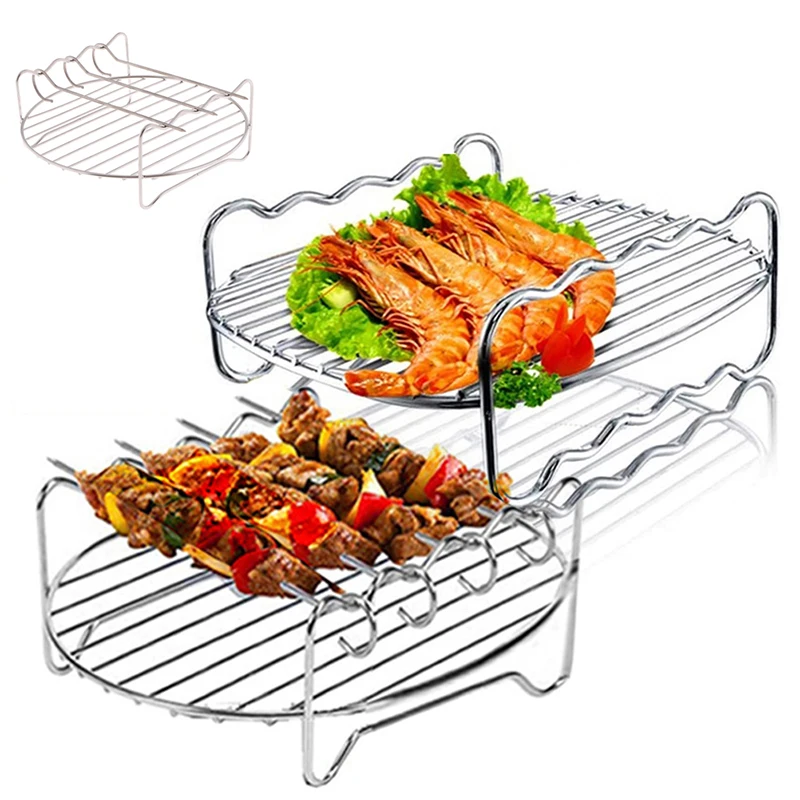 3 Skewer Air Fryer Rack Kits Stainless Steel Holder Double Layer Grill Baking Tray Replacement Barbecue Kitchen Tools air fryer basket kitchen bbq tools