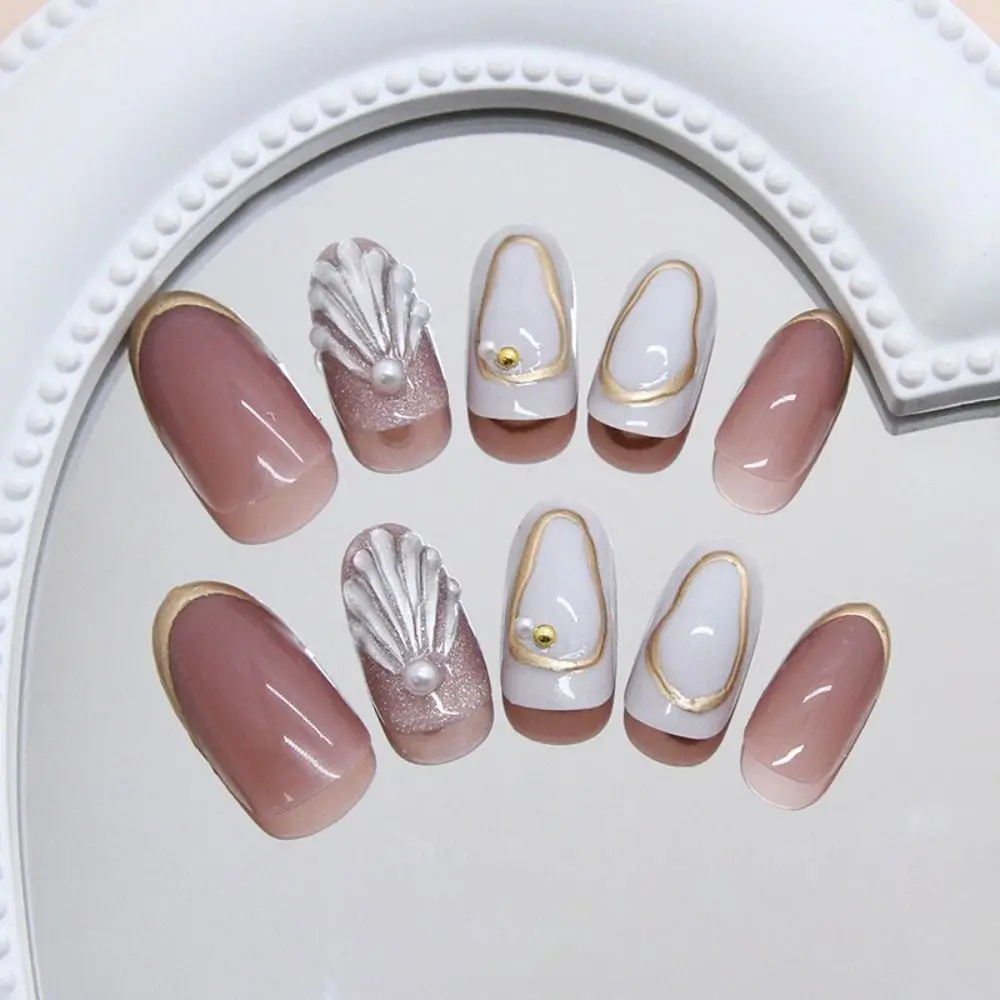 24pcs Manicure Oval False Nails Cat Eye Shell Pearl Press on Nails French Detachable Fake Nails DIY