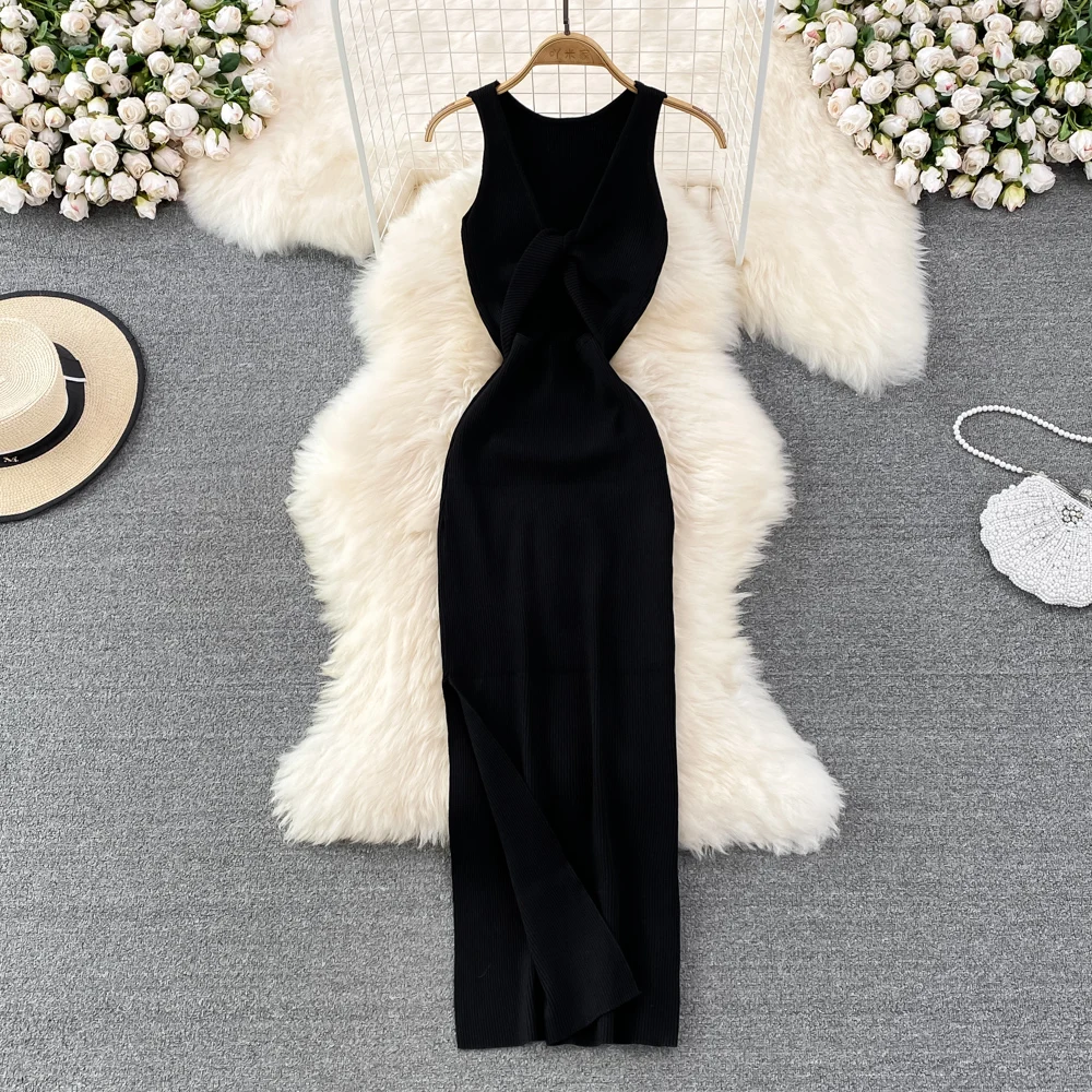 YuooMuoo Frauen Kleid Sexy Wrap Hüften Zwei Seiten Verfügbar Split Einteiliges Langes Kleid Mode Knoten Gestrickte Bodycon Party robe Femme – Detail 8