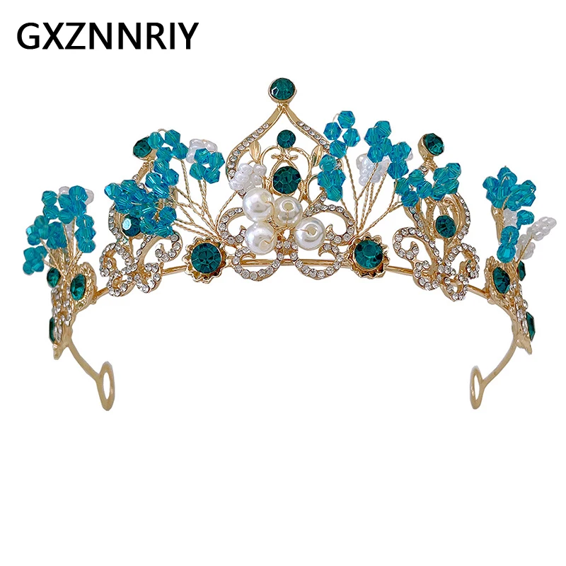 

Handmade Crystal Flower Crown Girls Gold Color Tiaras and Crowns for Princess Pearl Hair Jewelry Party Headpiece Birthday Gift