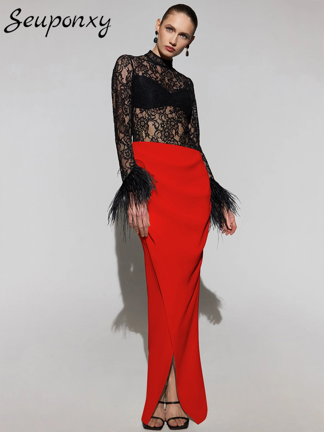 

High Quality Fashion Women's Sexy Pleated High Neck Long Sleeve Feather Lace Bandage Dress Elegant Evening Party Club Long Dress