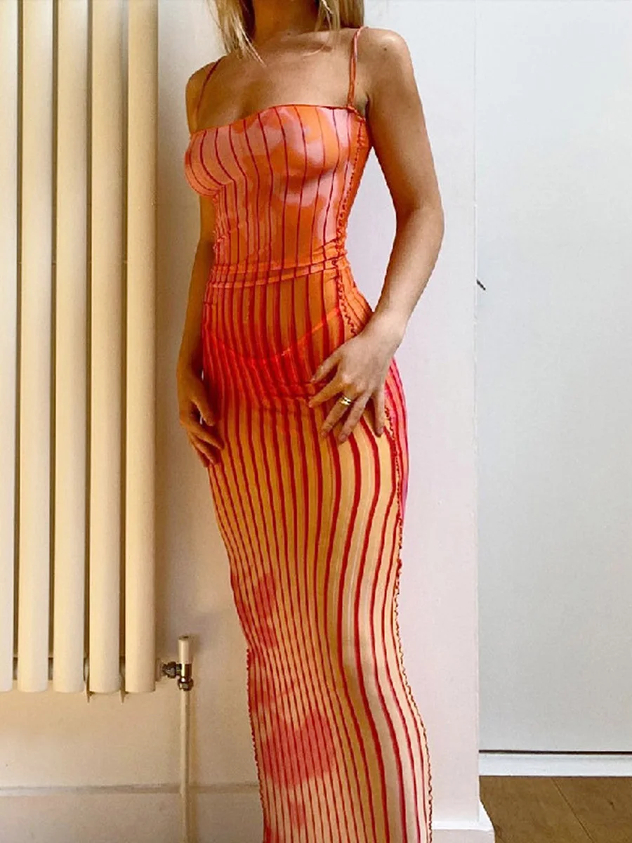 

New Fashion Womens Bodycon Long Dress Sleeveless Spaghetti Strap Striped Print Cocktail Dress Club Street Style Skin-Friendly