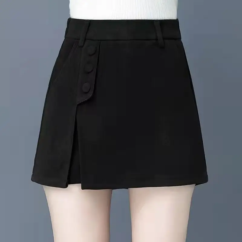 Women's High Waist Solid Pocket Shorts Autumn and Winter 2023 New Fashion Slim Elastic Waist Loose Office Lady Trouser Skirts