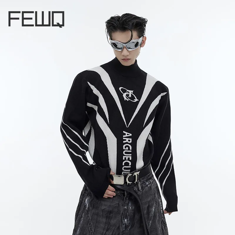 FEWQMenPatchworkSweaterNicheHighNeckSlimKnitBottomPullover