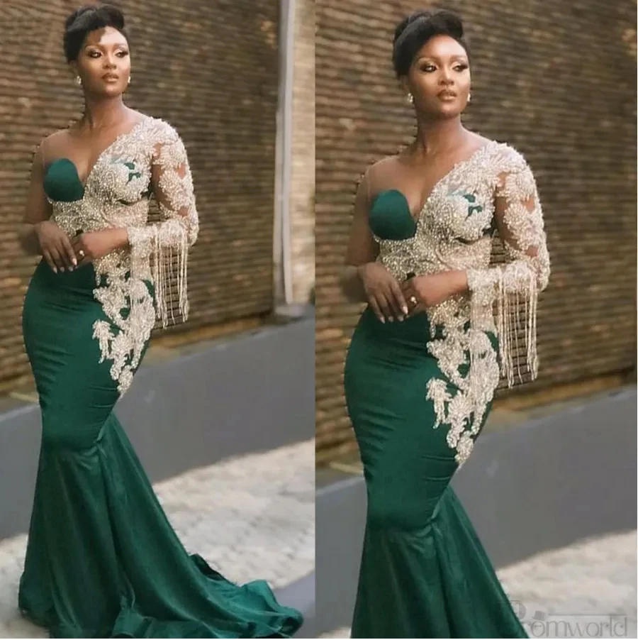 

Emerald Green Prom Dresses 2024 One Shoulder Pearls Tassel Lace Appliques Mermaid Satin Evening Dresses abiye gece elbisesi