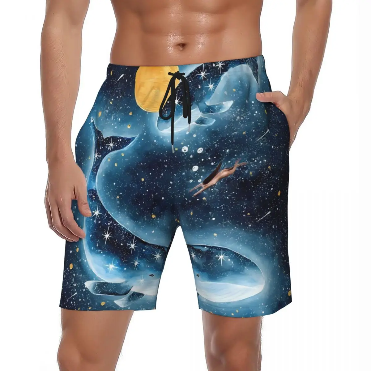 

Summer Gym Shorts Male Starry Sky Blue Whales Running Surf Blue Animation Beach Shorts Hawaii Comfortable Swim Trunks Plus Size