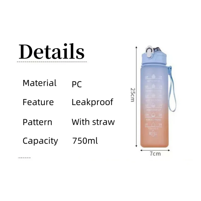 Sports Water Bottle Portable Water Bottle 750ml Sports Water Bottle Motivational Gradient Water Bottle Outdoor Frosted Leakproof Drinking Kettle Portable Durable Cup