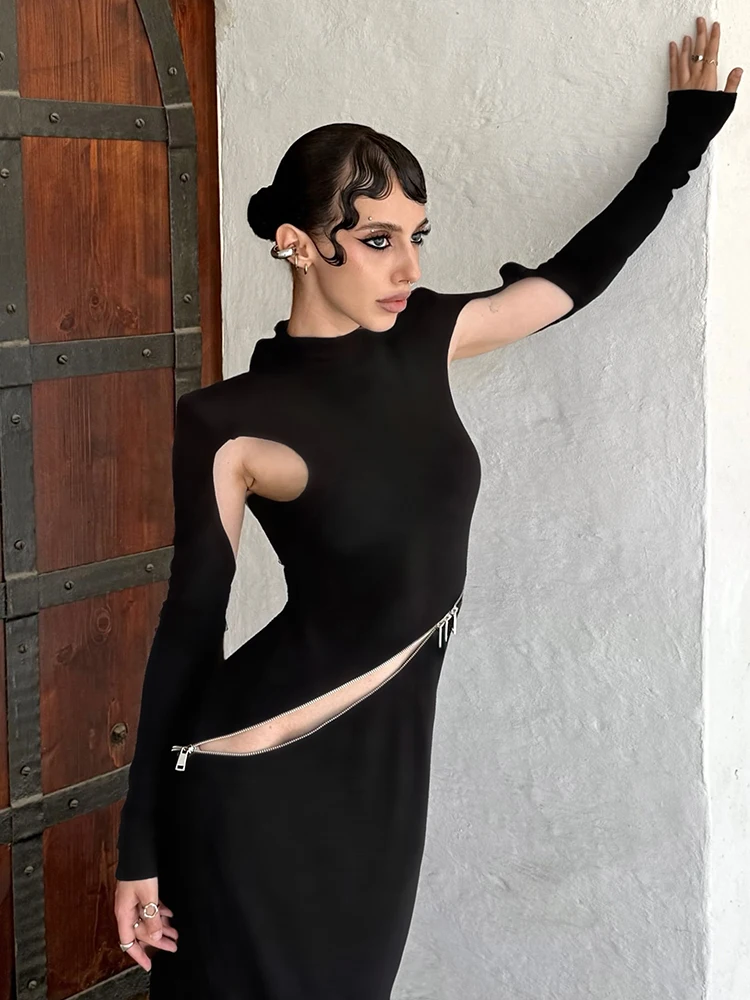 Nibber Asymmetrical Zip Sexy Irregular Hollow Dress Women New Style Trend Fashion Elegant Stretch Skinny Street Maxi Bodycon