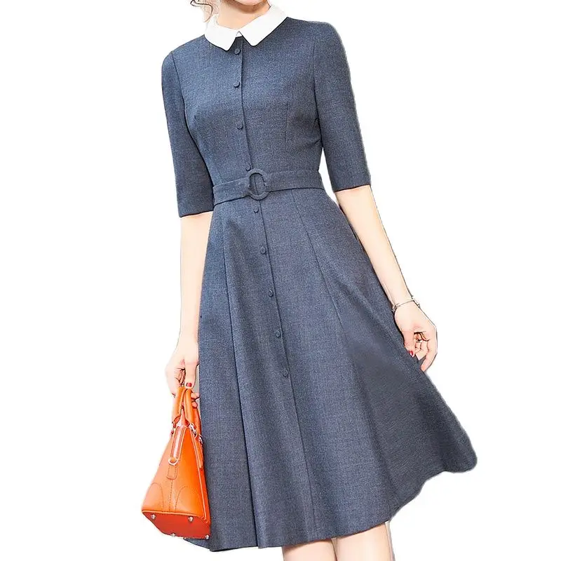 2023 Summer Dress Women Vintage Elegant Party Dresses Femminile Mezza Manica Peter Pan Collar Mid-Dress Solid Dress Con Fusciacche