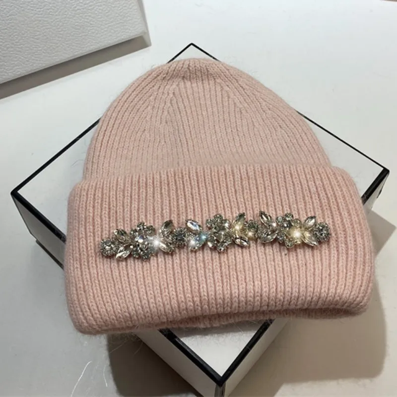 

Fashion Women Winter Hat Real Rabbit Fur Knitted Beanie Caps Diamonds Flower Lady Casual Hats Warm Wool Skullies Beanies