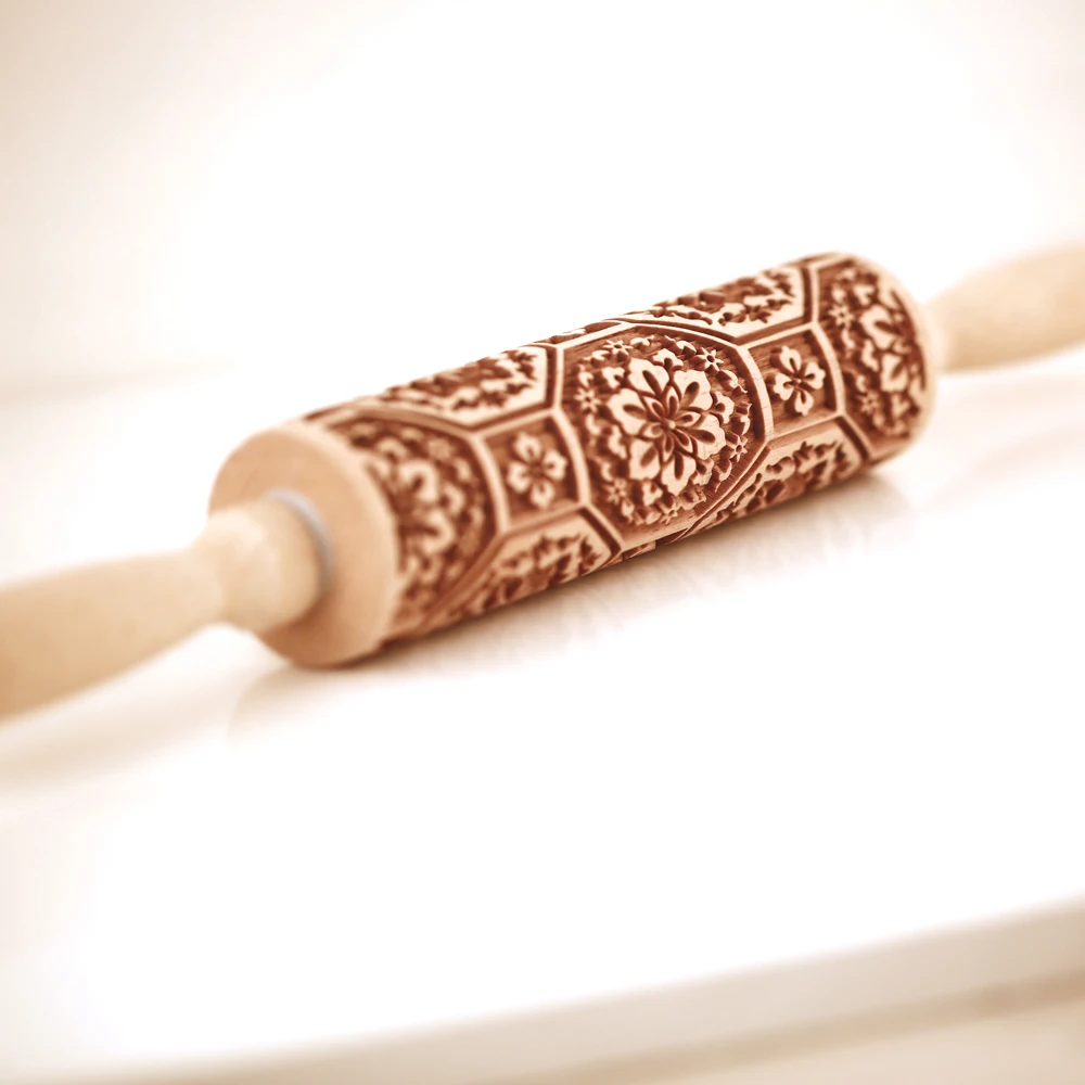 Creative Pattern Embossed Rolling Pin Biscuits Fondant Decorative Printing  Stick Beech Wood Carving Household DIY Baking Tools