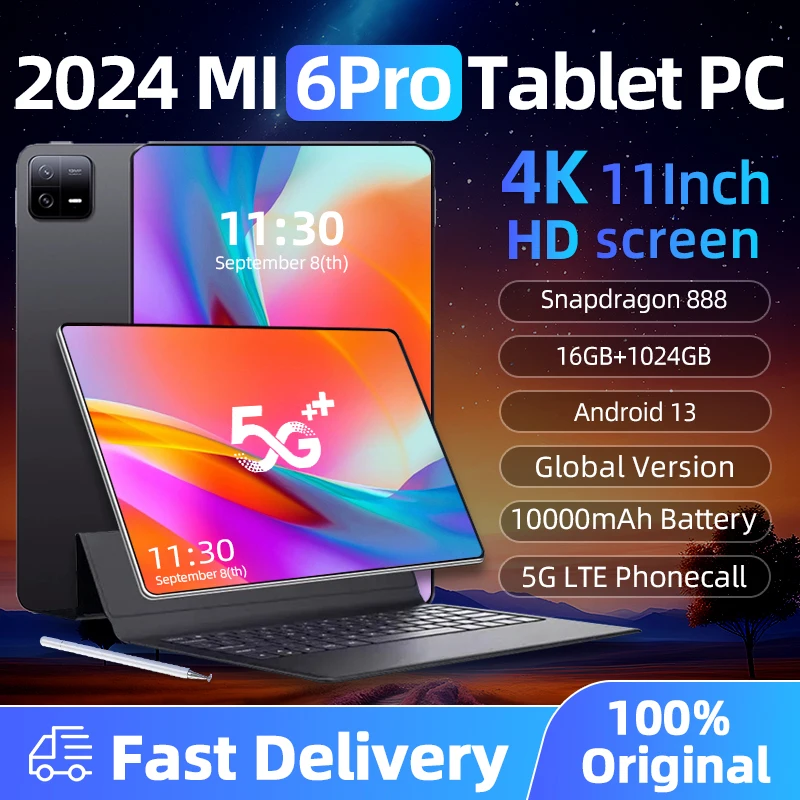 2024 오리지널 패드 6 프로 스냅드래곤 888 글로벌 버전 태블릿 PC, 안드로이드 13, 10000mAh RAM, 16GB ROM, 1TB, 5G HD, 4K 화면, 와이파이, 미 탭