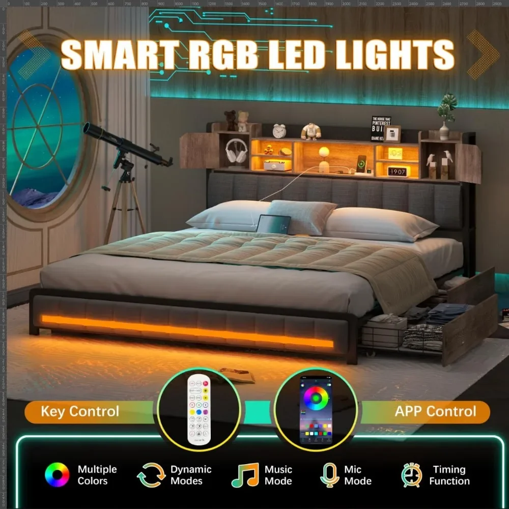 Description Picture 5 of itemQueen Bed Frame, Bookcase Headboard, LED Lights W/ Charging Station, W/Storage Drawers, No Springs Required, Platform Bed Frame