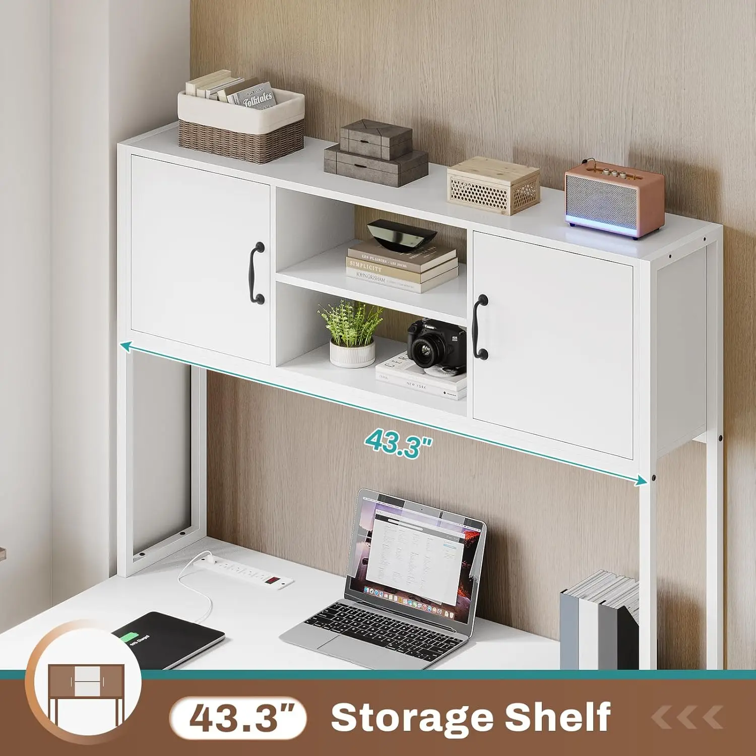 White L Shaped Office Desk, Farmhouse Home Office Desk with Fabric File Drawers and Power Outlet, Corner Gaming Desk with LED 5