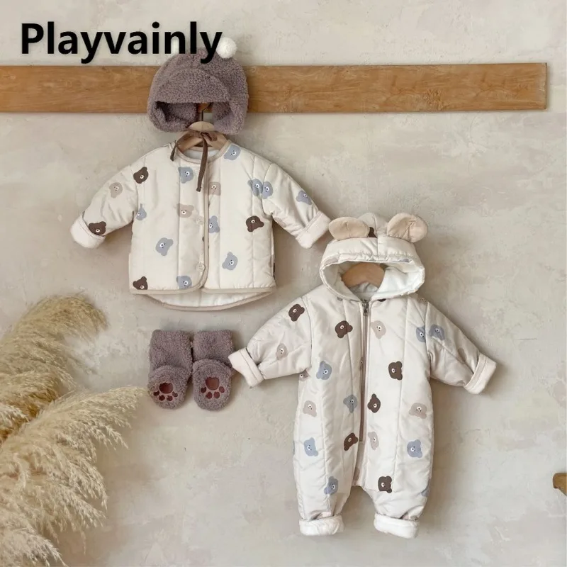 

Korea Style Winter Family Matching Outfits Cartoon Bear Warm Windproof Coat Zipper Hooded Rompers Twins Sisters Clothing E92126