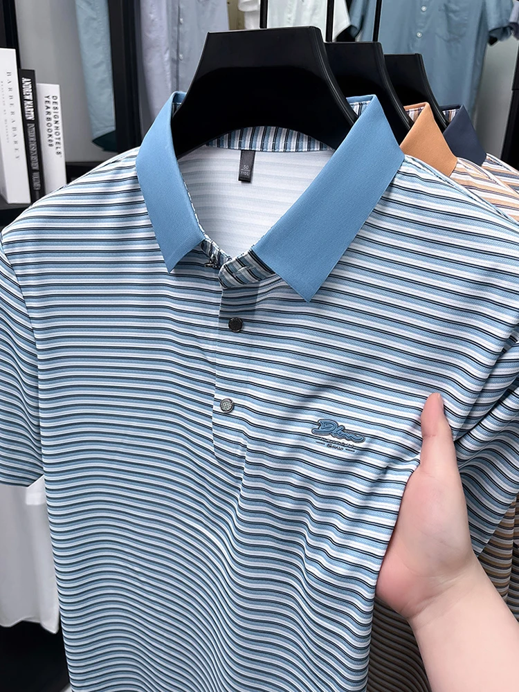 Fashion stripe color blocked men short sleeve polo shirt summer new trend brand embossed silky smooth breathable casual T-shirt 14 S04c6137ac59241a39cf90df5169d619fP