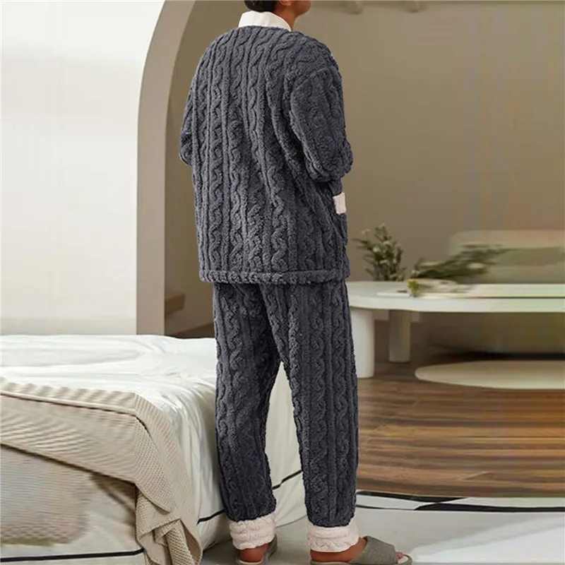 New Men's Warm Pajama Sets Autumn Winter Thick 2 Piece Set Flannel Sleepwear Loose Long Sleeve Solid Homewear Home Clothes Sets