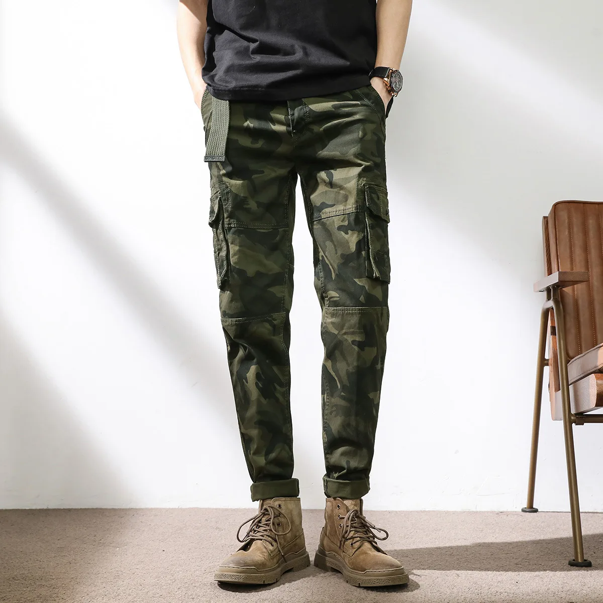 Elmsk Men's Spring New Outdoor Sportswear Camo Pants Hong Kong Style Fashion Loose Straight Sleeve Multi Pocket Large Military P
