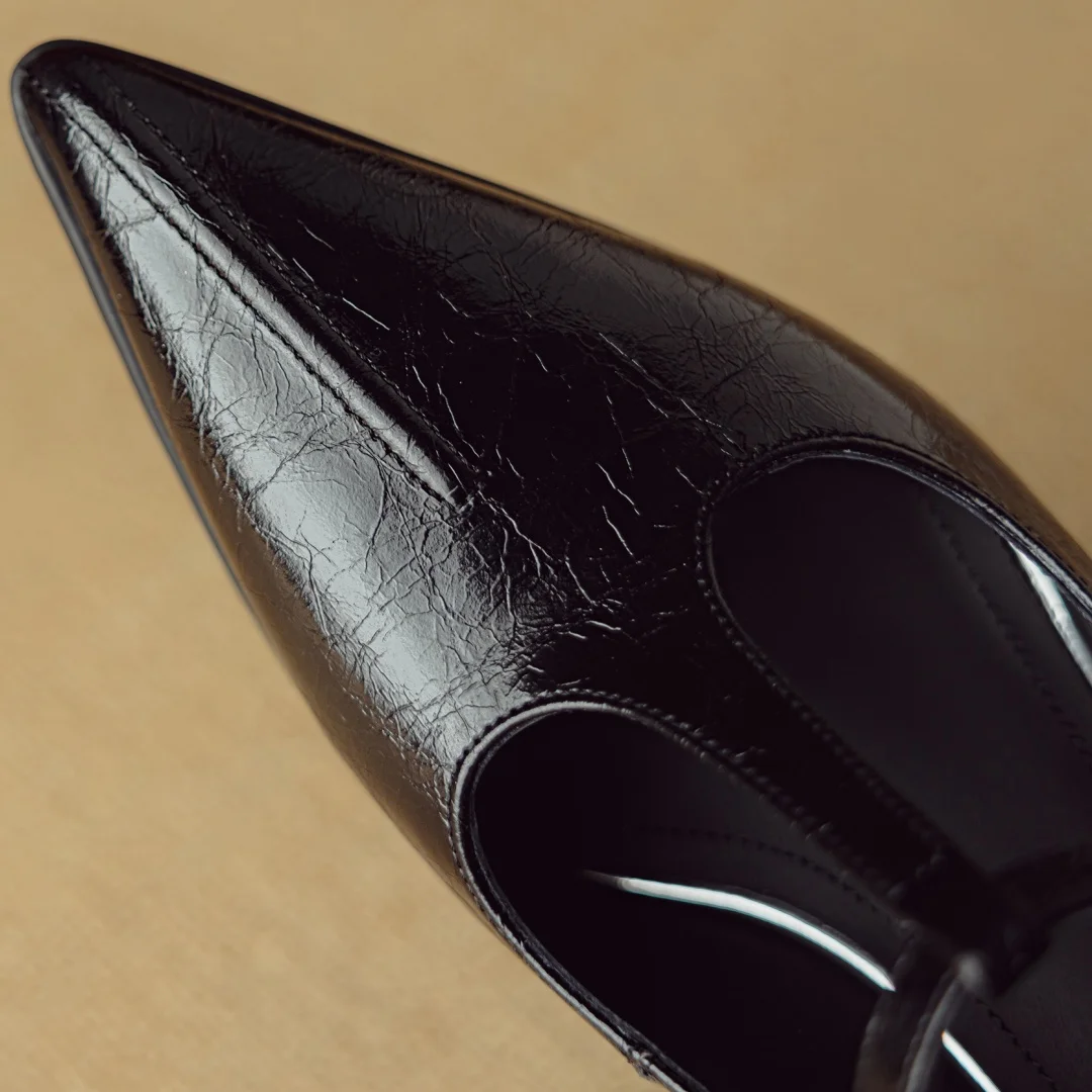 Women's genuine leather pointed toe metal buckle slip-on t-strap pumps elegant ladies 7.5cm thin high heeled daily dress shoes - view