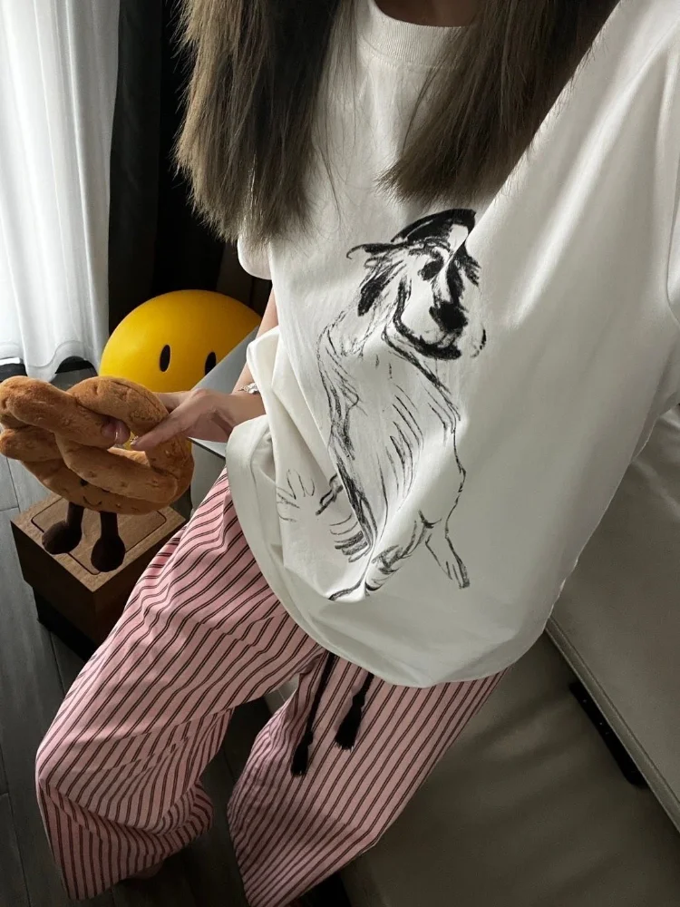 HOUZHOU 여성용 핑크 스트라이프 와이드 레그 팬츠, 한국 스타일 빈티지 오버사이즈, 헐렁한 스웨트 팬츠, 케이팝 하라주쿠 루즈 스트레이트 팬츠