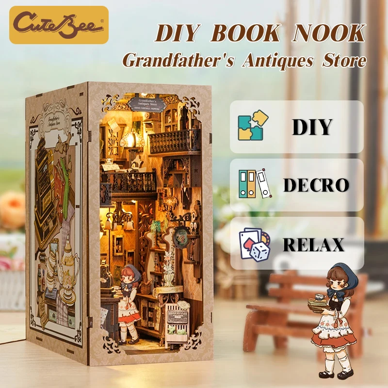 CUTEBEE DIY Book Nook Dollhouse Booknook with Touch Light Dust Cover Bookshelf Insert for Decor Gift Antique Shop of Grandfather 2