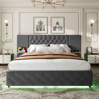 Современный каркас кровати 160x200 см — широкое мягкое изголовье со светодиодной подсветкой и USB-портами, кровать для хранения с гидравлическим подъемником, место под кроватью — изображение 5