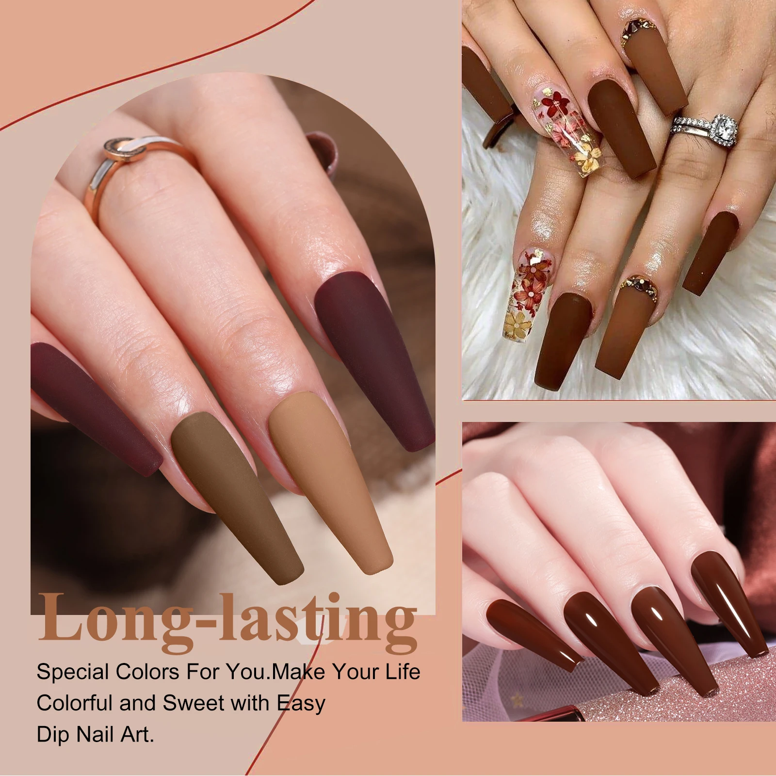 6 box/set Brown Tan Khaki Flaxen Chestnut Coffee Color Series Dip Powder Nail Kit Dipping Powder Set Nail Gel Effect nail powder,nail powder set