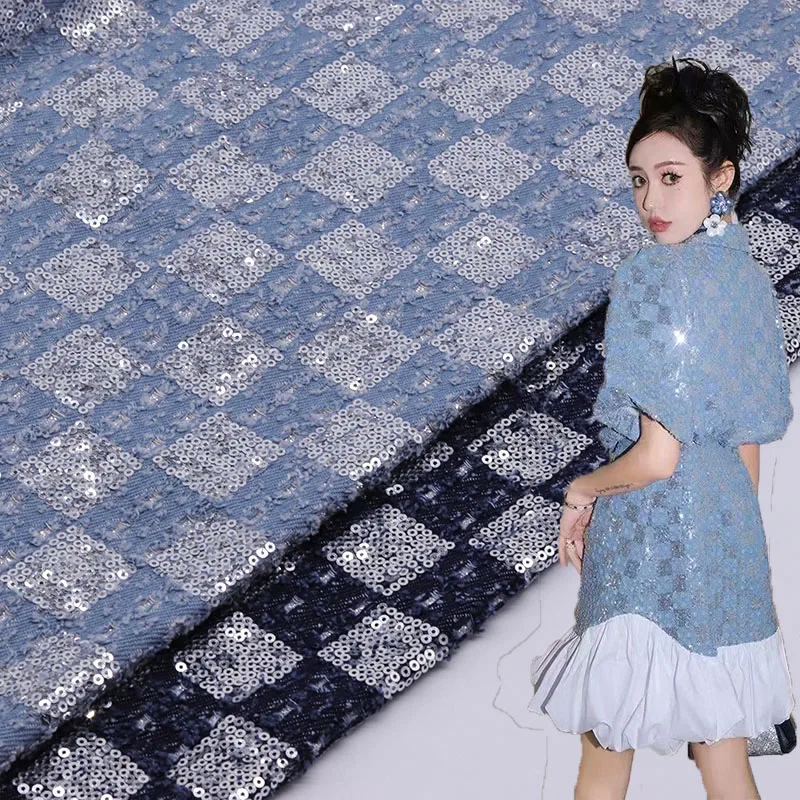 스팽글 자수 비즈와 반짝이 바둑판 데님 원단 드레스 스커트 가방 의류 diy에 대한 고급 재료 세척