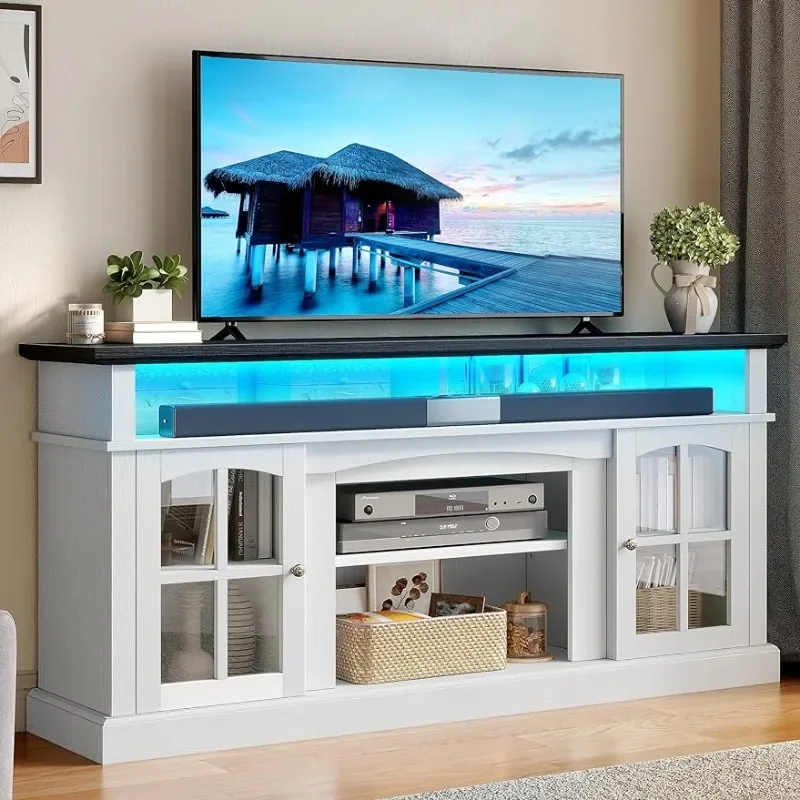 

LED Farmhouse TV Stand for TV up to 70 Inch w/Outlets, Highboy Media Entertainment Center Console Table Adjustable Storage Shel