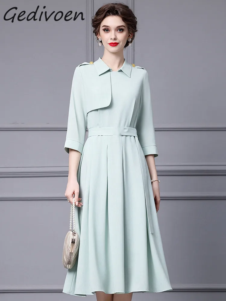 

Gedivoen Spring Fashion Runway Light Green Vintage Dress Women Lapel Three-quarter Sleeve Sashes Gathered Waist Slim Long Dress