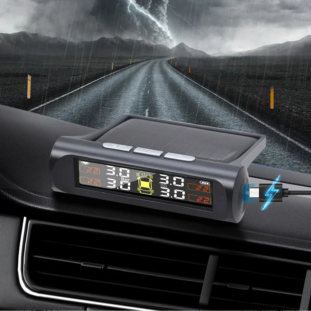 Solar-Powered Wireless Tire Pressure Monitoring System with 4 Sensors and Security Alarm