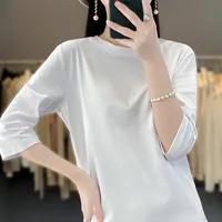 Mercerized Cotton Cropped Sleeve Female Spring And Summer 2023 New Round Neck Loose 100% Cotton Short Sleeve Bottoming T-Shirt - Image 3