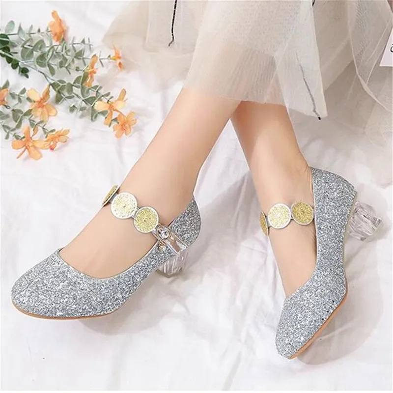 Zapatos de princesa de cristal para niñas, tacones altos, Vestido plateado, zapato de boda