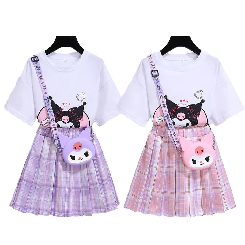 

Sanrio Kuromi Girls JK Set Summer Cartoon Elementary School Pleated Skirt Children Short Sleeved College Style Two Piece Set