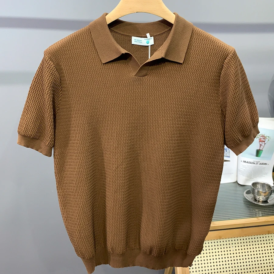 

2024 Men Summer New Knitting V-neck Thin Polo Shirt Male Short Sleeve Sweater T Shirts Men's Solid Color Casual Tops Tees D353