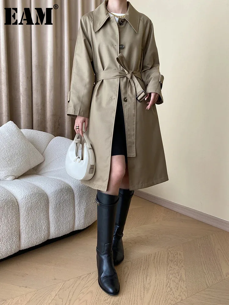 

[EAM] Women Trench Khaki Belted Big Size Elegant New Lapel Long Sleeve Loose Fit Windbreaker Fashion Spring Autumn 2024 1DH1286